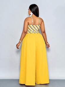 SOLERSUN Conjunto de camiseta de tirantes a rayas y pantalones de cintura elástica de unicolor, adecuado para el Día de San Valentín, talla grande - Amarillo - Ver 2