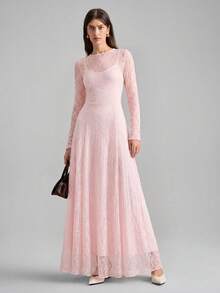 Ontre 女士优雅纯色蕾丝连衣裙 - 粉色 - 查看 6