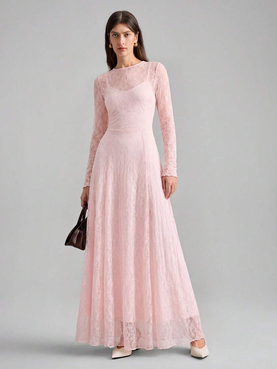 Women's Pastal Lace Dress, Autumn Elegant Sexy Casual Romantic Formal Golf Dates Wedding Party Ninang Bridesmaid Gown, Reception Dinner Evening Pink