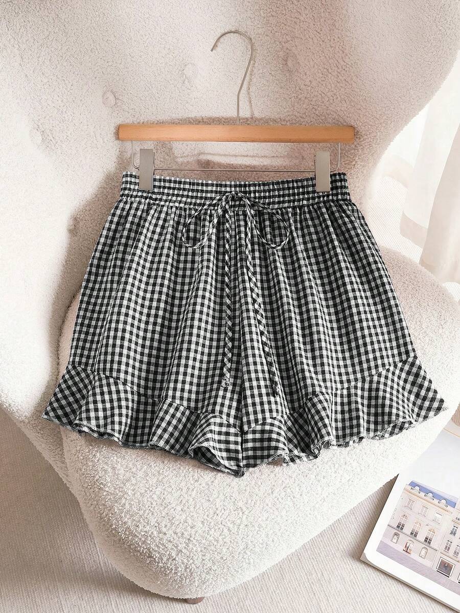CosyJoli Plus Size Women Plaid Drawstring Waist Casual Versatile Date & Outing Shorts - Multicolor - View 1