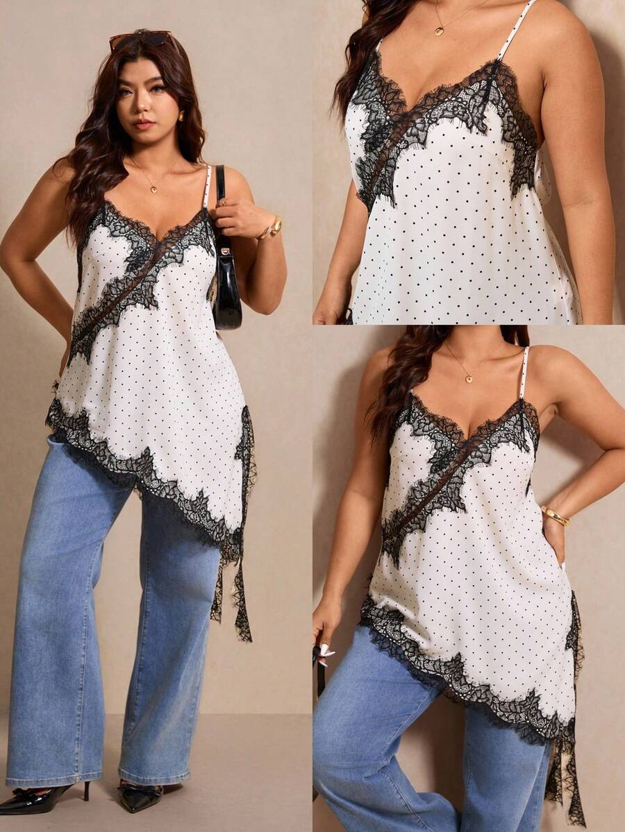 Elaquor Plus Size Women Lace Polka Dot Print Asymmetric Hem Camisole Top - Black and White - View 1