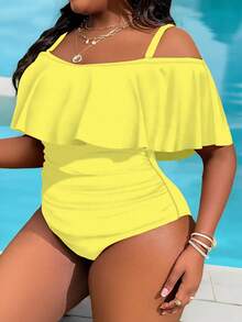 Slaydiva Traje de baño de una pieza con hombros descubiertos y unicolor para tallas grandes - Amarillo - Ver 5