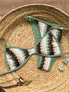 Swim Vcay Trending Summer Vacation Special Fabric Drawstring Design Sexy Bikini Set - Multicolor - View 6
