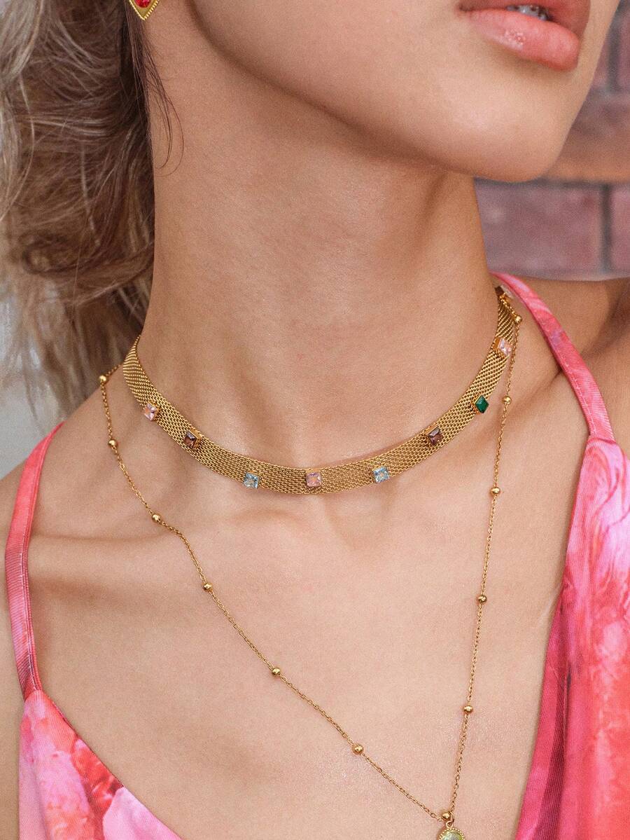 Glisma Dây chuyền bản rộng đính đá Cubic Zirconia thiết kế thanh lịch, sang trọng, kiểu dáng choker. - Vàng - Xem 1