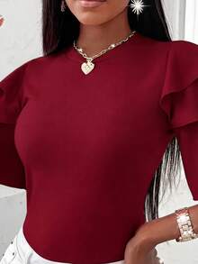 EMERY ROSE Plain Burgundy Knitted Fabric Plus Size T-Shirt Featuring Round Neck And Flattering Layered Half Sleeves - Burgundy - View 5