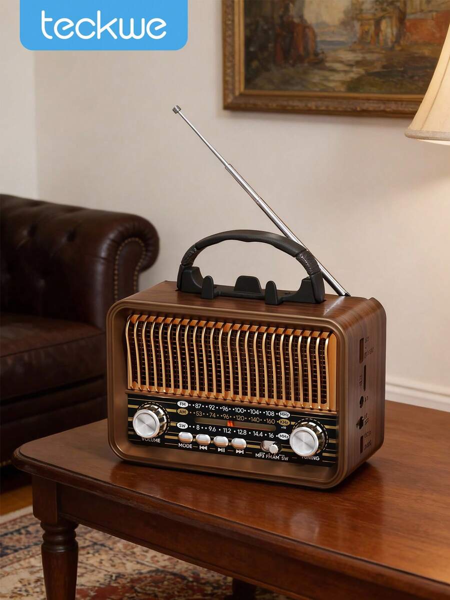 Teckwe Retro Style Portable Radio, Old Fashion Style Radio, Wireless Speaker, FM/AM/SW Adjustable Antenna, Rechargeable Battery Powered & USB Charging, Support TF Card, USB Mp3 Playing Music - wood color - View 1