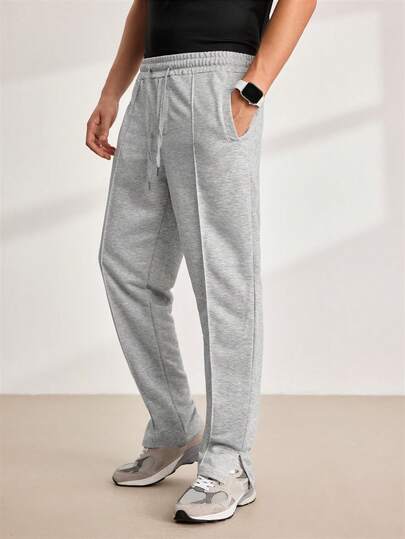 Driftmere Pantalones de chándal con cordón en la cintura y detalles de costura, de pierna recta y color gris claro, para salir, casuales y sencillos. Un regalo ideal para el esposo o novio.