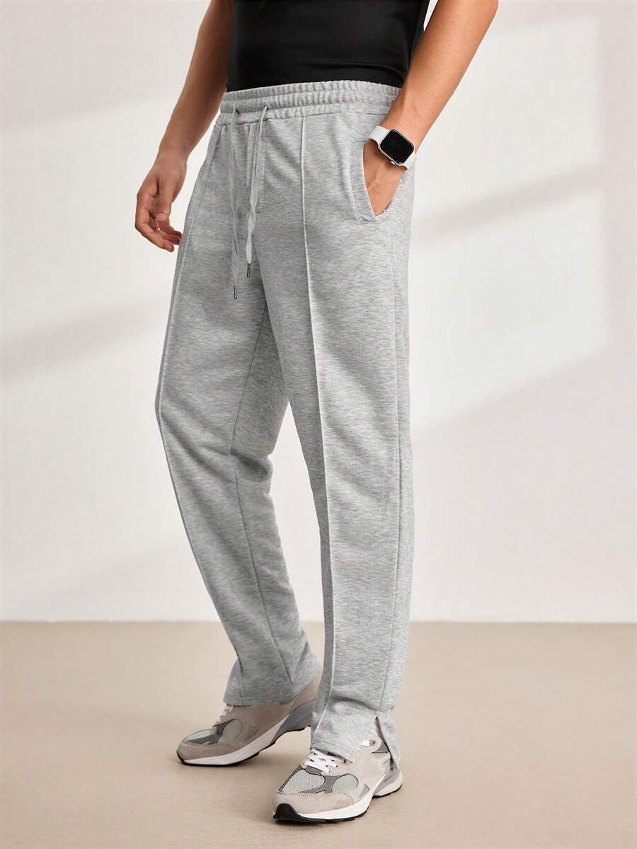 Driftmere 男士抽绳腰部接缝细节运动裤外出纯色休闲直筒浅灰色抽绳运动裤，适合丈夫、男朋友的礼物 - 淺灰色 - 查看 1