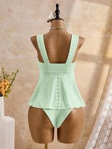 Bellisia 26SS Spring/Summer Vacation Beach Cute Yellow Jacquard Embroidered Camisole & Bikini Set - Mint Green - View 3