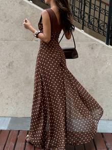 Rafferiza Bộ jumpsuit ống rộng bằng chiffon đính ngọc trai, cổ chữ V, eo xếp ly, thanh lịch, thích hợp làm trang phục dự tiệc cưới, màu tím. - Cà phê nâu - Xem 2