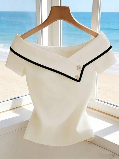 Franclia 2026 New Arrival: Women's Casual Solid Color Shirt, Solid Color Top, Merlad Style, Summer White Top, Suitable For College Students, Elegant Vacation French Style Women's Shirt, Summer White Top, White Shirt For Women's Office Wear, Women's Commute Wear, Summer Casual Top, Irregular Collar Top Spring, Summer, Autumn And Winter For Women Shirt Designer Top Blouse For Women Elegant Classy S3433 Of Woman Clothes Latest Tops For Women New Arrivals Blouse Korean Style