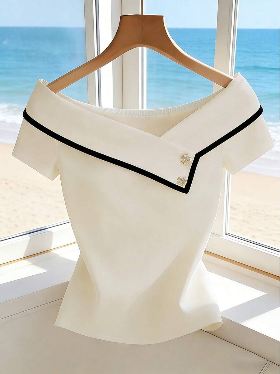 Franclia 女士休闲纯色衬衫，纯色上衣，美拉德印花夏季白色上衣，适合大学生穿着 - 杏色 - 查看 1