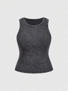 ROMWE Summer Outfits Festival Wear Plus Size Casual Sexy 22 Rib Knit Sleeveless Cropped Tank Top, Dinner Gray - Grey - View 6