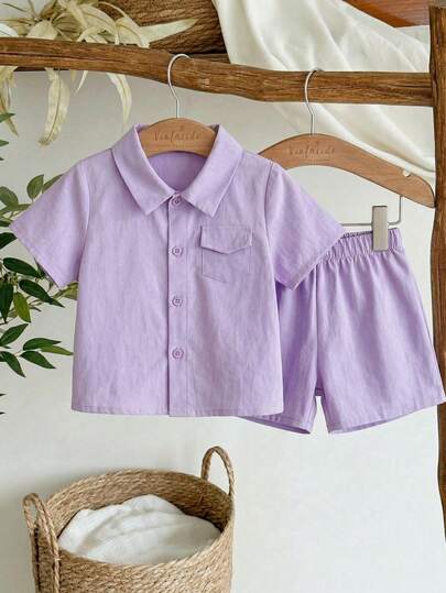 SHEIN 2pcs Infant Baby Boy Purple Textured Shirt Collar Short Sleeve Shorts Set, Suitable For Baby To Wear In Summer For Playing, Vacation, Picnic And All Occasions, Convenient Shirt Outfit Purple Boys Outfit Boy Shorts Set Toddler Boy Clothes Boy Fashion Boy Summer Outfits Boy Outfit Sets Toddler Summer Outfit Boy Short Sleeve Shirt Infant Outfit Sets Boy Summer Clothes