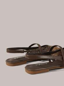 Styleloop Zapatos planos de mujer tipo slip-on, mules de talón abierto, decoración con tira tejida transpirable, puntera cuadrada de bajo perfil, cómodos y elegantes zapatos tipo Mary Jane, estilo bohemio, perfectos para vacaciones y viajes - Marrón Chocolate - Ver 5