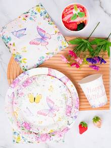 Little Butterfly Happy Birthday Disposable Plates, Napkins And Paper Cups Party Set, Serves 24 Guests. This Disposable Paper Plate Party Tableware Is Suitable For Birthdays, Weddings, Themed Parties And Family Picnics. - View 3
