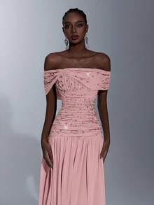 Elegant High-Stretch Tulle Off-Shoulder Waist-Slimming Ruched Handcrafted Beaded Rhinestone A-Line Dress, Suitable For Dates, Vacations, Singles Parties, Weddings, Formal Galas - Pink - View 4