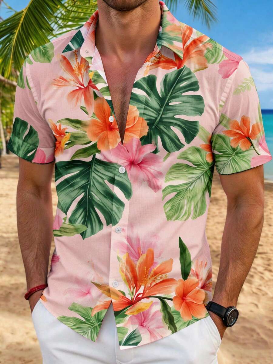 VIVINTIMO Camisa de manga corta casual de verano para hombres con estampado de hojas y cuello de tortuga - Rosa - Ver 1