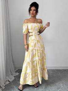 Elenzga Đầm nghỉ mát lệch vai, buộc dây, khoét rỗng dành cho nữ (Họa tiết hoa, cắt bất đối xứng) - Vàng nhạt - Xem 5
