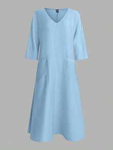 SHEIN Holidaya Đầm mùa hè mới, cổ chữ V, chất liệu giả vải lanh, dáng rộng thoải mái. - Màu xanh lam - Xem 7