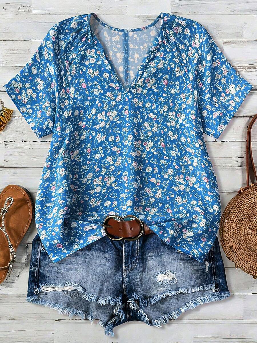 EMERY ROSE 女士圆领V领短袖绿色碎花衬衫，夏季 - 中等水洗藍 - 查看 1