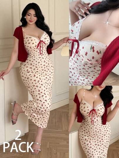 Vibekara 大码女装两件套：短袖针织开衫 + 无袖花卉蝴蝶结腰带樱桃印花开衩下摆复古可爱甜美休闲度假迷你连衣裙