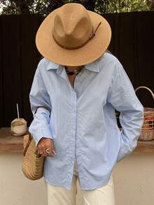 DAZY 女士蓝色长袖衬衫，复古休闲宽松男友风上衣，适合春夏穿着 - 藍色 - 查看 4