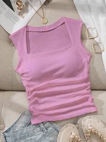 SHEIN EZwear Square Neck Ruched Waist Padded Bra-Free Camisole - Purple - View 3