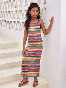 SHEIN Tween Girls' Sleeveless Long Fitted Casual Dress Girls Summer Maxi Dress - Multicolor - View 5