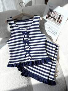 2pcs/Set Striped Bow Tie Sleeveless Crop Top+Ruffle Hem Shorts Set For Teenage Girls,Sweet & Spicy Style,Summer Casual Beach Parties Outfits - Blue and White - View 5