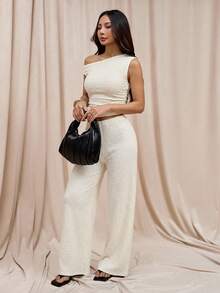 SHEIN PETITE 女款夏季純色紋理不對稱領口T恤與休閒長褲套裝，女式工作裝，適合嬌小女性 - 杏色 - 查看 6