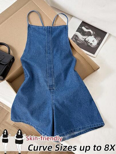 SHEIN CURVE+ Plus Size Women's Casual Criss-Cross Back Denim Romper Summer Jumpsuit Summer Outfit For Women Spring Outfit Women Spring Clothes Women Easter Outfit Women Festival Outfits For Women Beach Outfits For Women Beach Outfits Graduation Jumpsuit Casual Jumpsuit For Women Vacation Outfits Women Summer Holiday Outfits Vacation Outfits For Women Country Concert Outfit Blue Jumpsuit For Women
