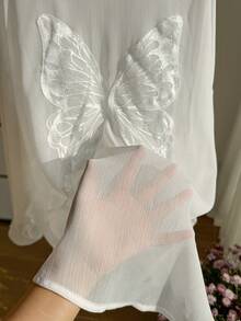 Comfortcana 大码女式蝴蝶装饰白色薄纱长袖衬衫，春夏款，适合2026年嘉年华女性造型，外出、海滩、度假、休闲、夏季上衣 - 白色 - 查看 6