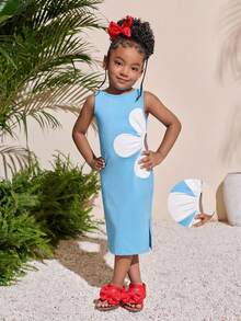 Young Girl Tropical Fashion Fuchsia Round Neck Waist Cutout A-Line Dress - Blue - View 5