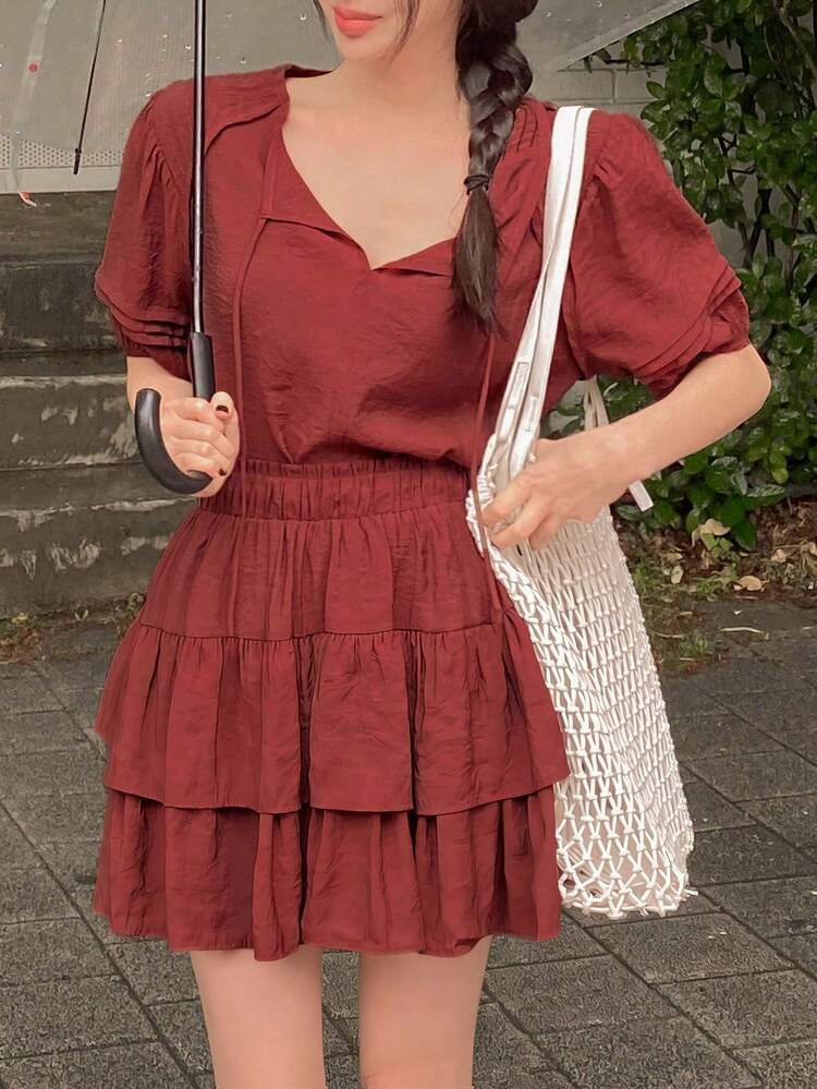 Women's Summer Casual Solid Color Knotted Collar Top And Multi-Layer Ruffle Hem Skirt 2-Piece Set