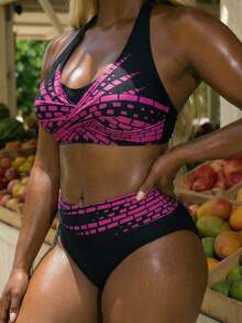Swim Lushoire Plus Size Women Summer Beach Color Block Halter Bikini Top And Triangle Bottoms Swimwear Set - Multicolor - View 2