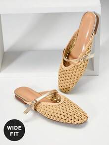 SHUZIA Ladies Wide Fit Elegant Crochet Woven PU Slip-On Mules - Apricot - View 5