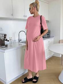 Slowluna Pregnant Women Solid Color Round Neck Short Sleeve Casual Dress - Pink - View 11