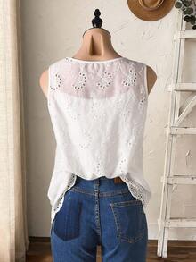 Rusticease Damblus med broderad ärmlös, enfärgad och urholkad design för semester och avslappnad fritid - Vitt - Visa 2