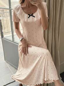 DAZY Polka Dot Print Ruffle Collar Bow Decor Women Short Sleeve Nightgown Pajama - Beige - View 3