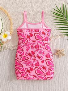 SHEIN 女宝宝夏季可爱度假粉色爱心吊带修身连衣裙 - 粉色 - 查看 2