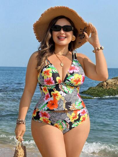 Swim Lushoire Bộ đồ bơi 2 mảnh họa tiết hoa nhiệt đới cỡ lớn mới năm 2026 | Cổ chữ V nâng đỡ và tạo dáng | Họa tiết da báo phối hợp giúp thon gọn | Quần short cạp cao ôm bụng | Bikini dây buộc hở lưng cho kỳ nghỉ biển