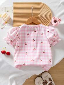 SHEIN 女童甜美条纹蝴蝶结领花瓣袖衬衫，休闲度假装，夏季 - 粉色 - 查看 2