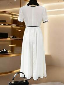 Ellegaria. Women's Elegant Long Dress With Trim Button Design Short Sleeves - Apricot - View 2