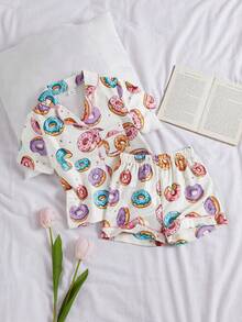 Bộ áo cardigan cổ bẻ tay ngắn và quần short in hình bánh donut dễ thương cho bé gái, chất liệu chống cháy. - Màu be - Xem 3