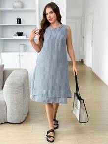 Easowa Curve Đầm kẻ sọc không tay dáng rộng mùa hè cỡ lớn - Nhiều màu - Xem 4