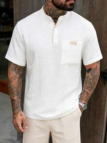 Manfinity Homme 男士纯色贴袋夏季休闲多功能短袖衬衫 男士沙滩亚麻衬衫 - 白色 - 查看 3
