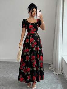 SHEIN Elenzya Đầm nữ in hoa hồng, cổ vuông, eo thon, dáng chữ A, tay phồng, thanh lịch, thích hợp mặc hàng ngày/đi nghỉ mát/đi làm, dự tiệc, phong cách đường phố Pháp, đa năng, màu trắng, in hoa hồng đỏ, thích hợp cho đầu xuân/xuân-hè, tay ngắn, dáng midi. - Đỏ và đen - Xem 3
