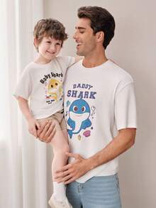 BABY SHARK X SHEIN 男士卡通印花圆领短袖休闲百搭T恤 - 白色 - 查看 1