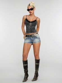 SHEIN Jeanoir Quần short denim cạp thấp phong cách đường phố - Rửa nhẹ - Xem 8